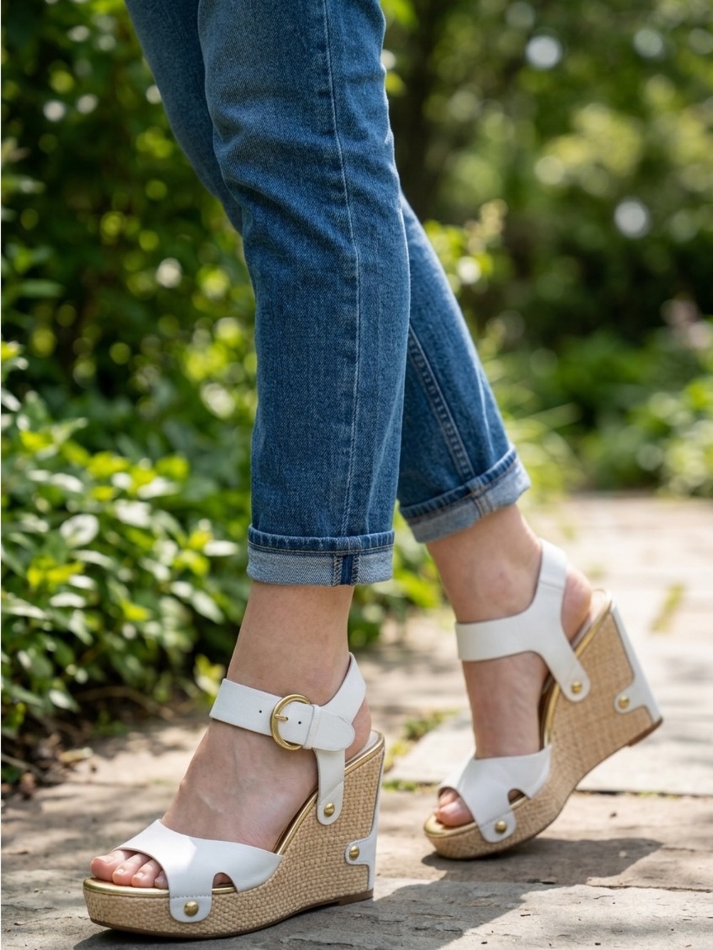 Ivanka Trump White Wedge Sandals with Buckle size 7